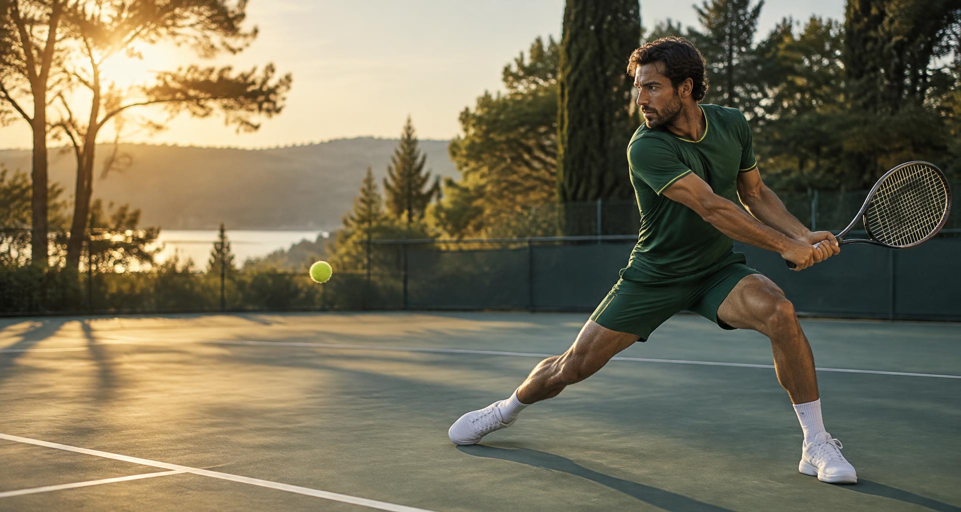 A male tennis player mid backhand lunge on an outdoor court