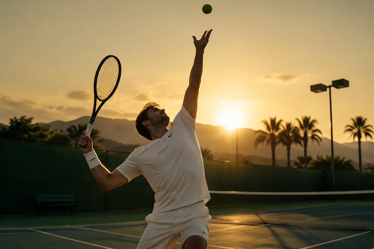 A tennis player hitting a forehand on a sunlit court at sunset